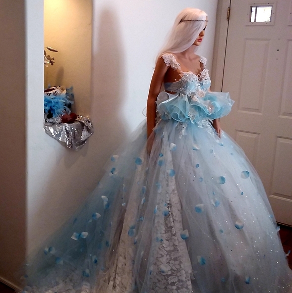 "SERENITY" Blue & White Boho Babydoll Ballgown Set - Picture 5 of 12